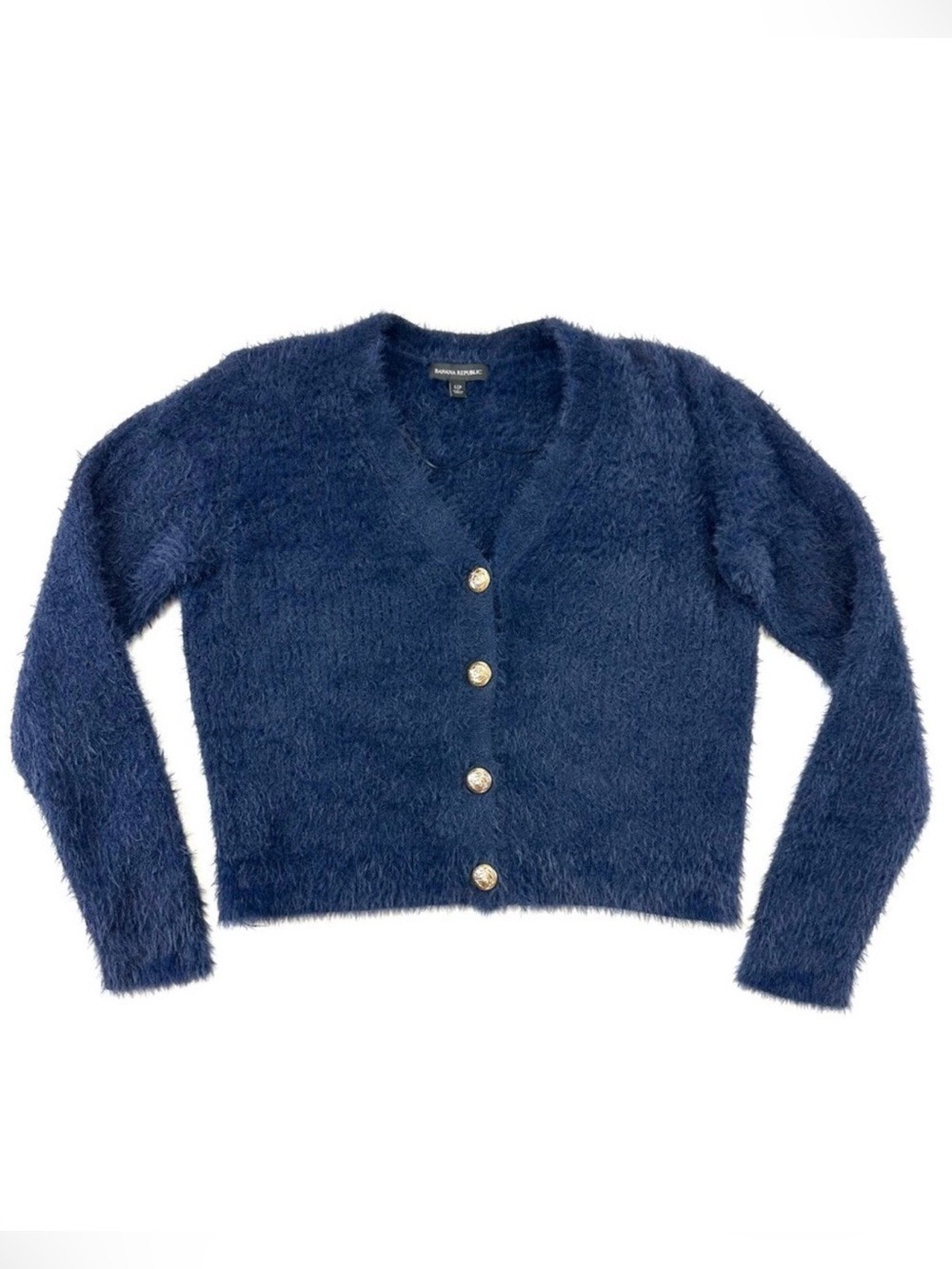 Banana Republic navy fuzzy cardigan Womens S gold military buttons vneck cozy